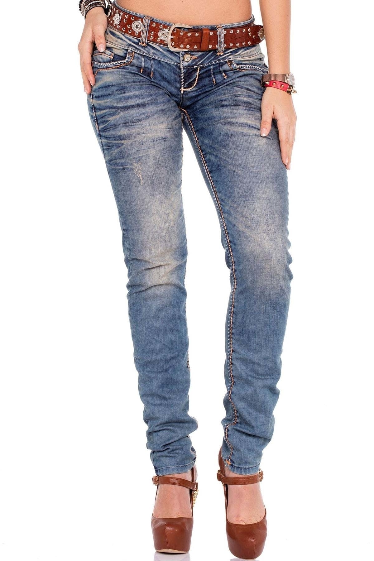 CBW-0347 Damen Jeans  Freizeit Slim Fit 5-Pocket Design Used Kontrastnähte
