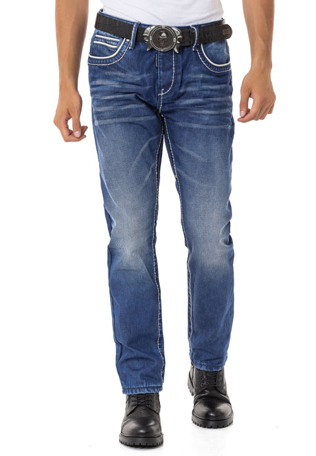 CD148 Men's Comfortable Jeans with contrast Stitching in Straight Fit