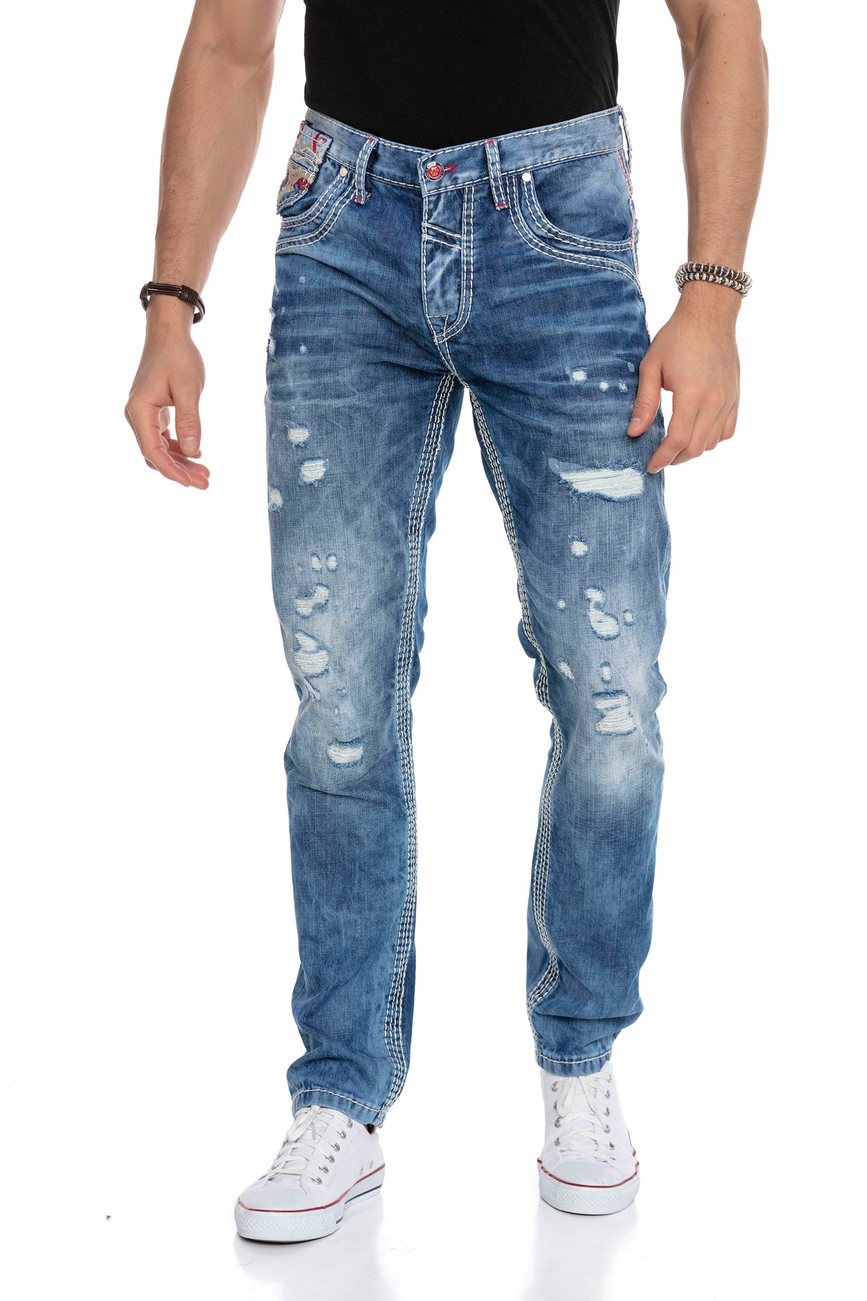 CD651 Jeans cómodos para hombres en la mirada casual destruida
