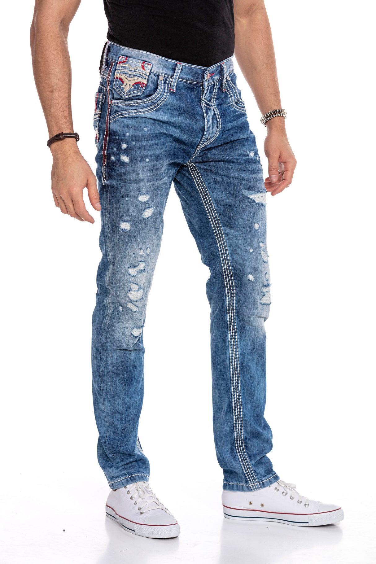 CD651 Jeans cómodos para hombres en la mirada casual destruida