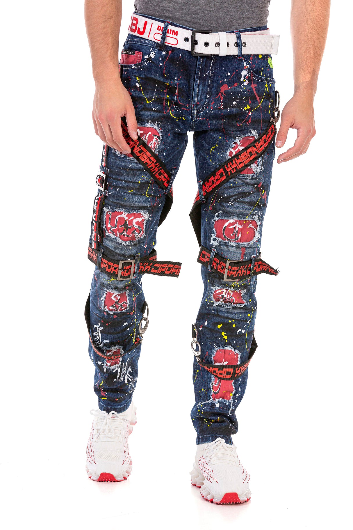 CD716 Men de motteur Biker Jeans Pantalon gratuit dans une conception spéciale avec des rivets colorés