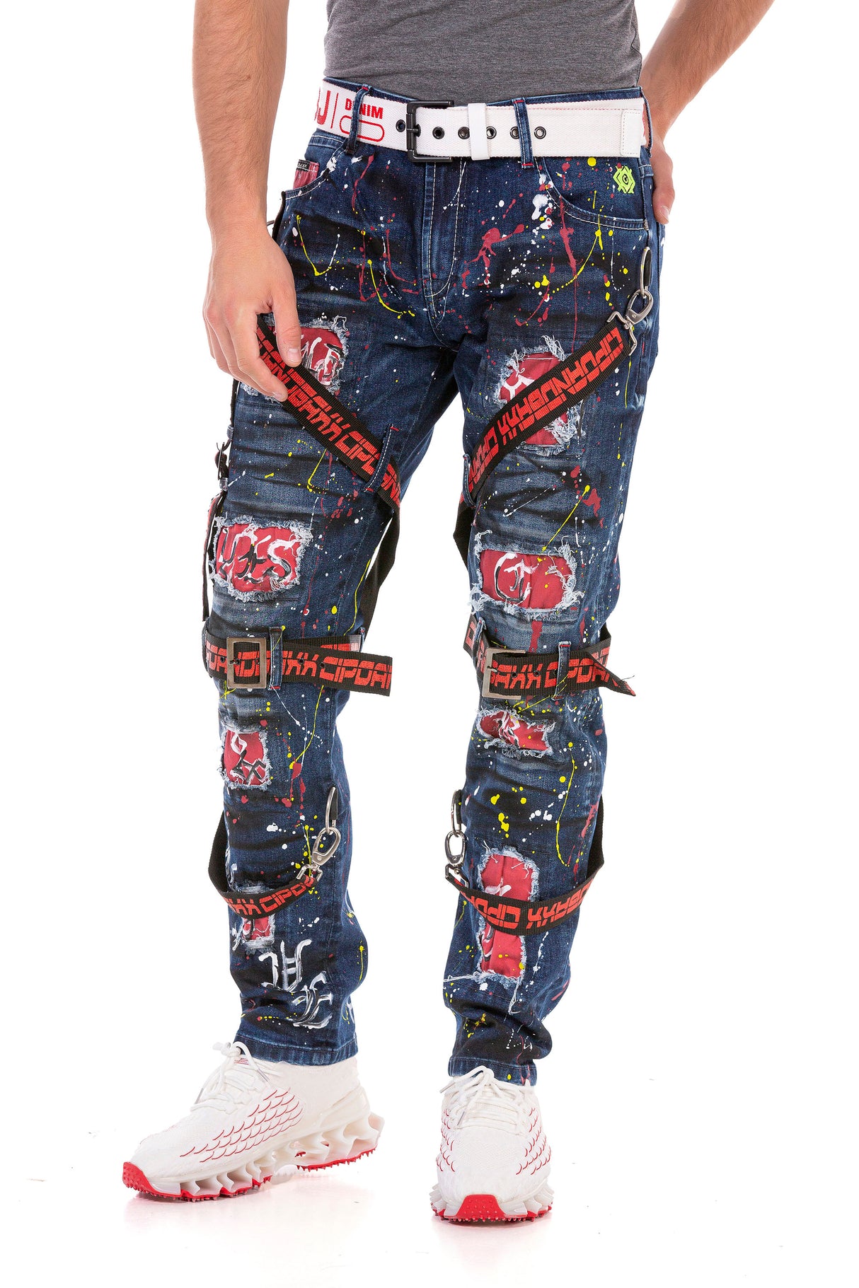 CD716 Men de motteur Biker Jeans Pantalon gratuit dans une conception spéciale avec des rivets colorés