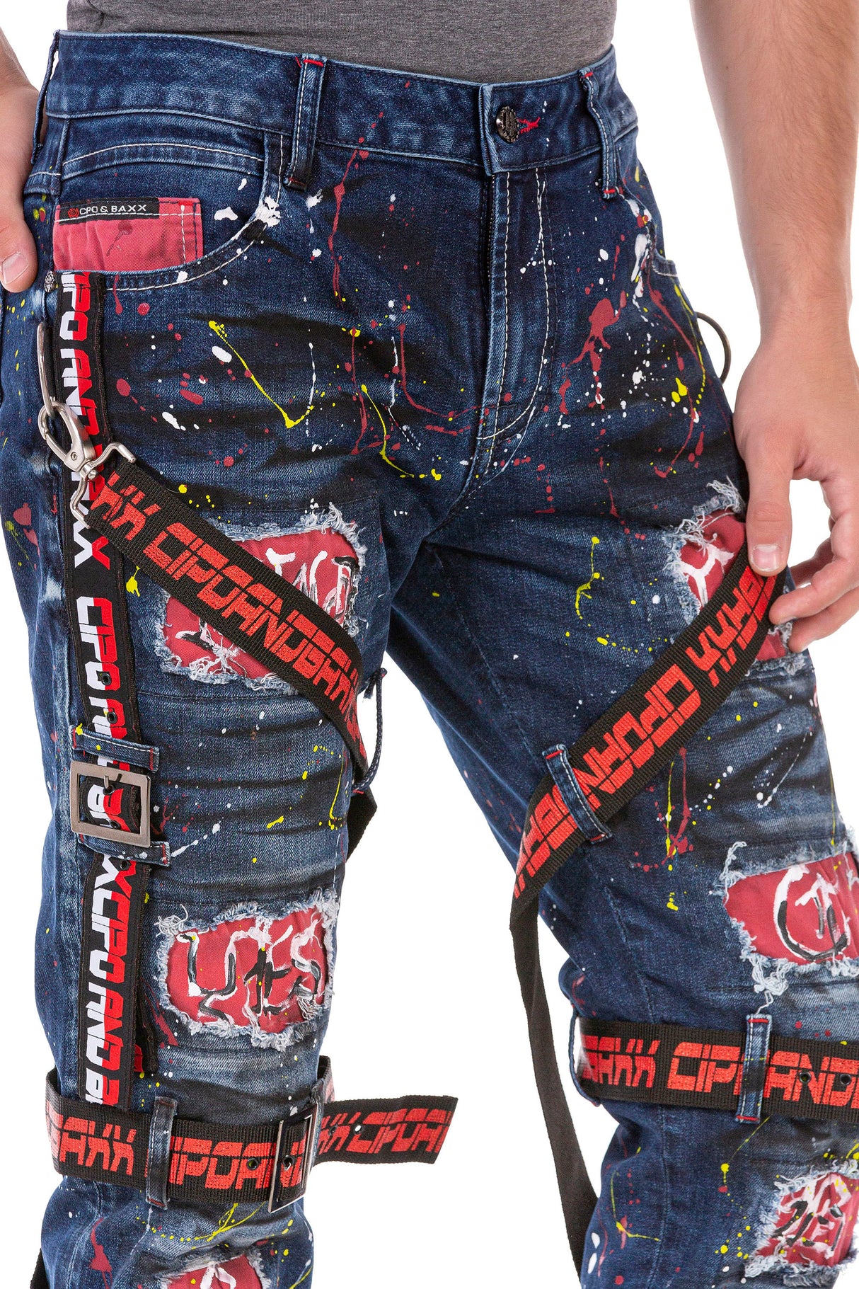 CD716 Men de motteur Biker Jeans Pantalon gratuit dans une conception spéciale avec des rivets colorés