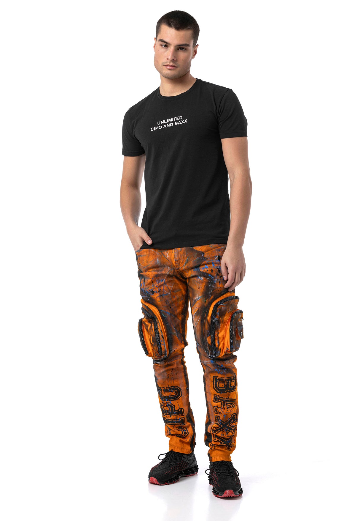 CD902 Orange Cargo Jeans – Straight Fit mit Zipper-Details