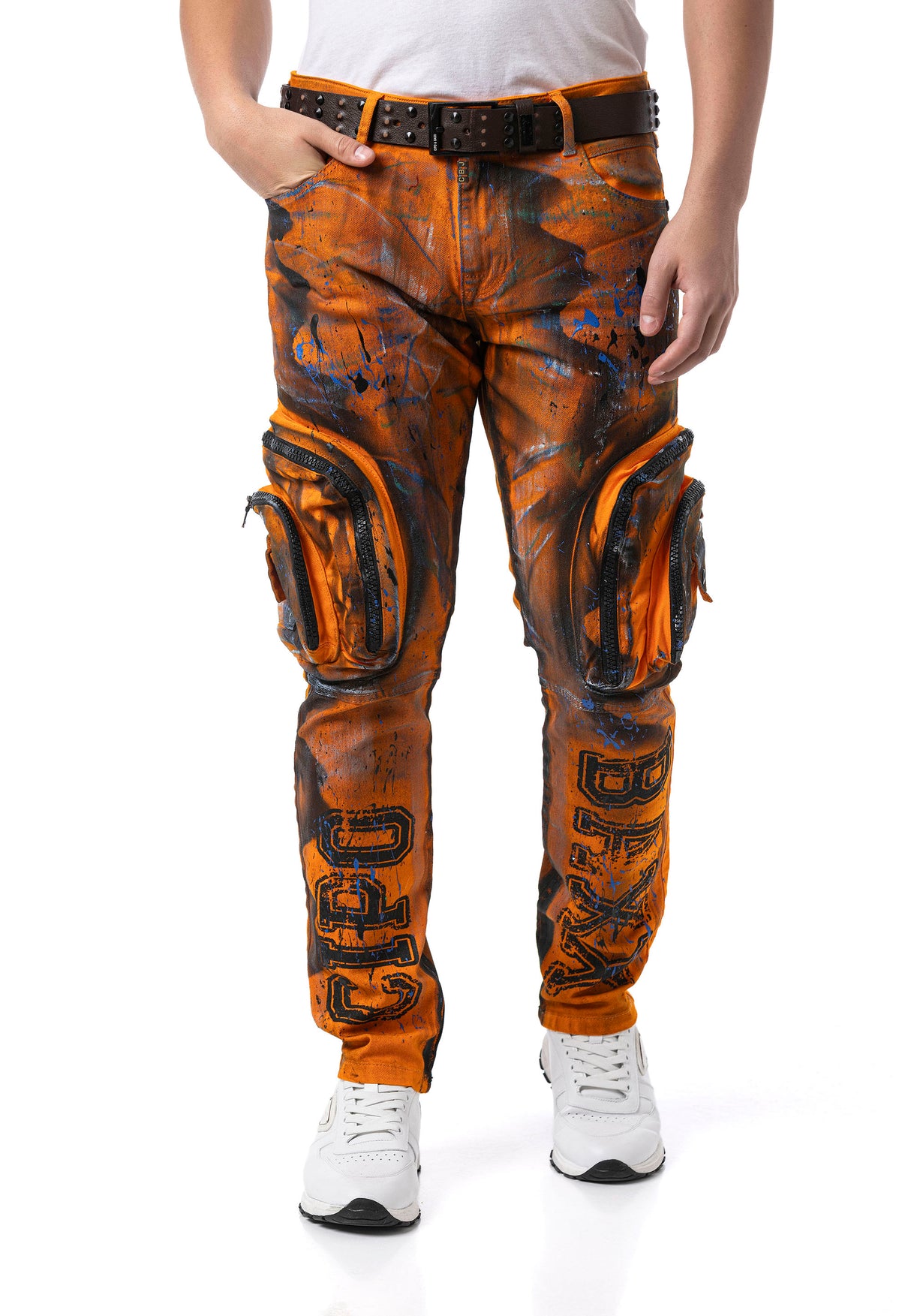 CD902 Orange Cargo Jeans – Straight Fit mit Zipper-Details