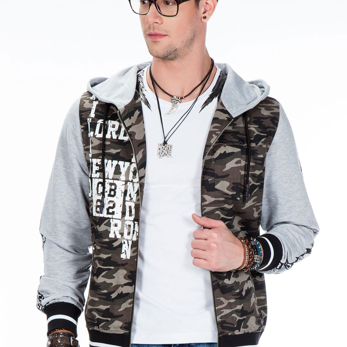 CJ215 Herren Übergangsjacke – Khaki-Camouflage Jacke mit Kapuze