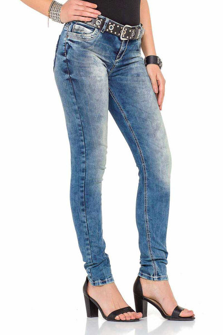 WD281 Damen Slim-Fit-Jeans in verwaschener Optik in Skinny Fit