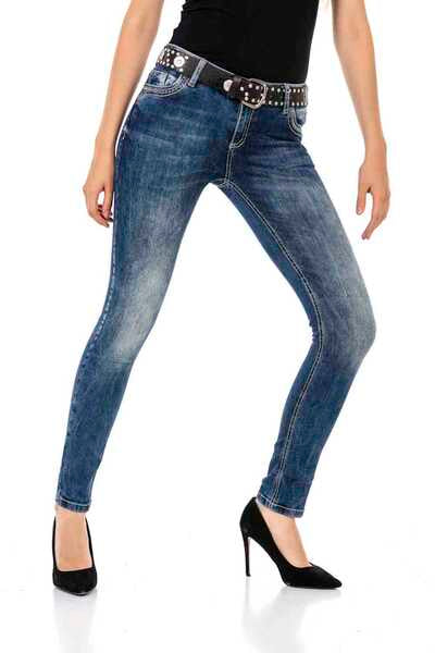 WD427 Damen bequeme Jeans mit Steinchenbesatz und Markenstickerei