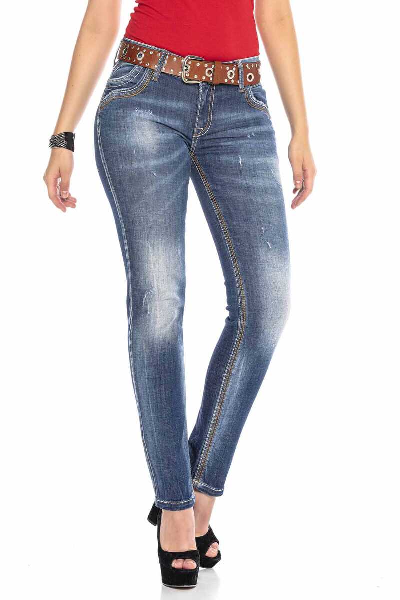 WD433 Damen Slim-Fit-Jeans mit kontrastfarbenen Nähten