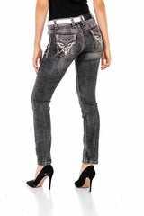 WD436 Damen Slim-Fit-Jeans mit auffälligen Stickereien