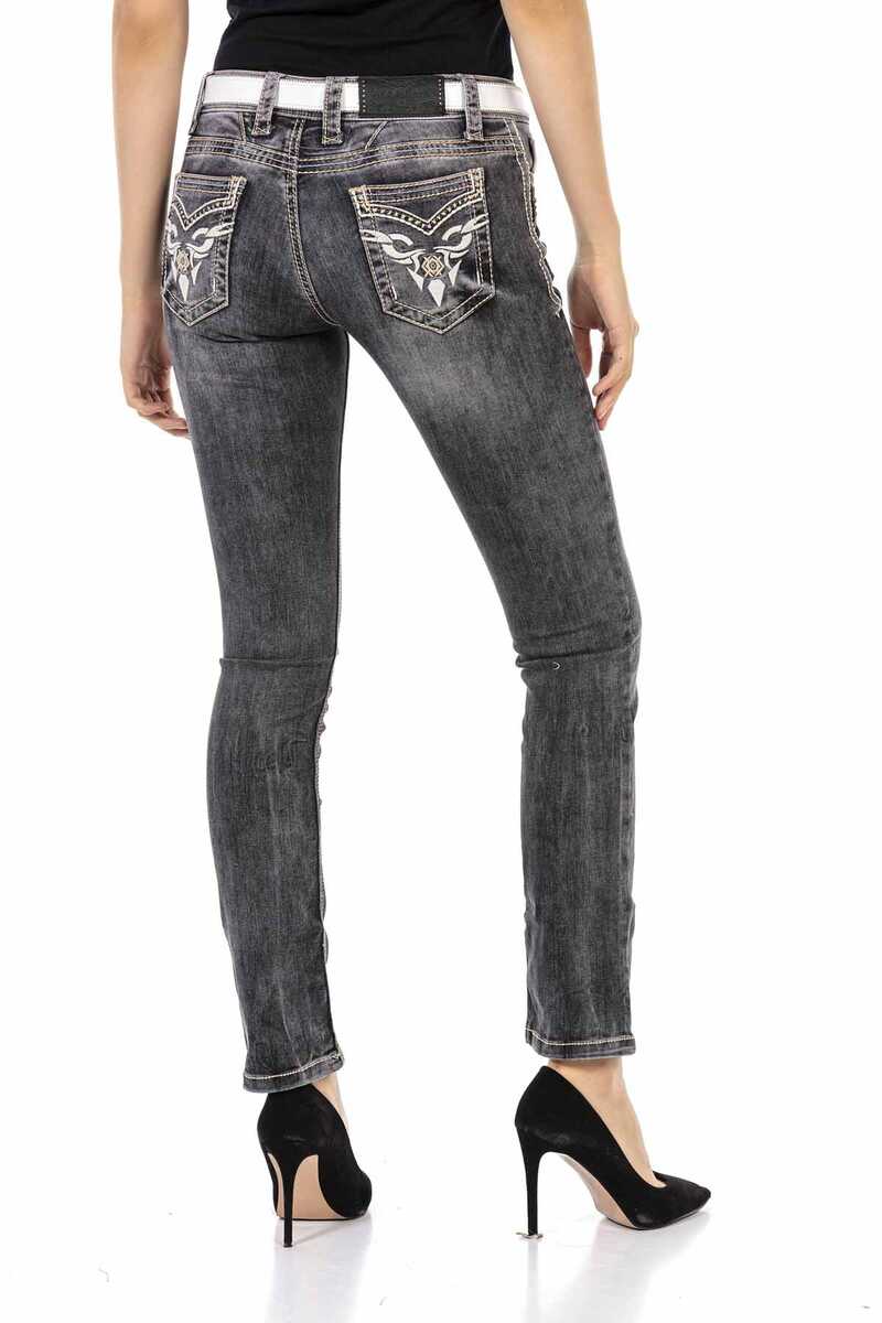 WD436 Damen Slim-Fit-Jeans mit auffälligen Stickereien