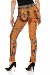 WD445 Damen Slim-Fit-Jeans mit coolem Allover-Muster