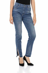 WD449 Damen bequeme Jeans mit trendigem Seitenschlitz