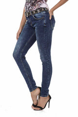 WD460 Damen Slim-Fit-Jeans mit dezenter Waschung und coolen Nieten