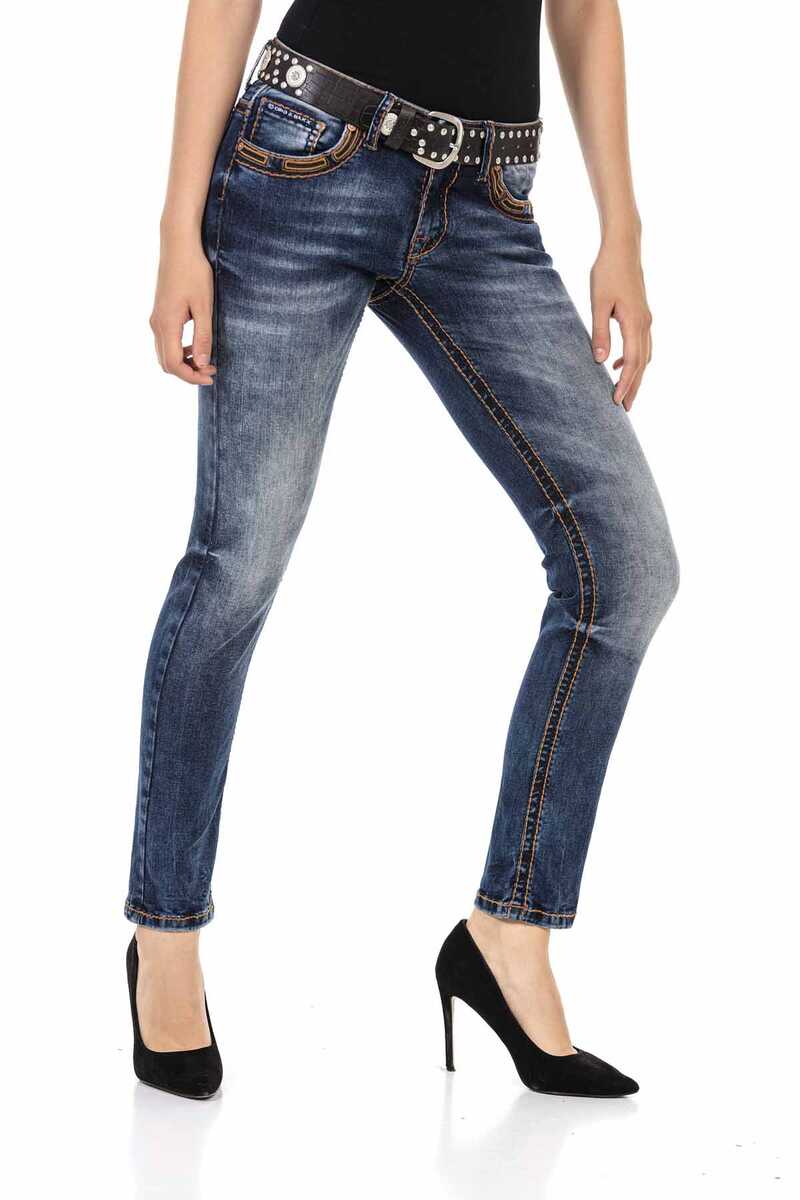 WD464 Damen Slim-Fit-Jeans mit kontrastfarbenen Nähten