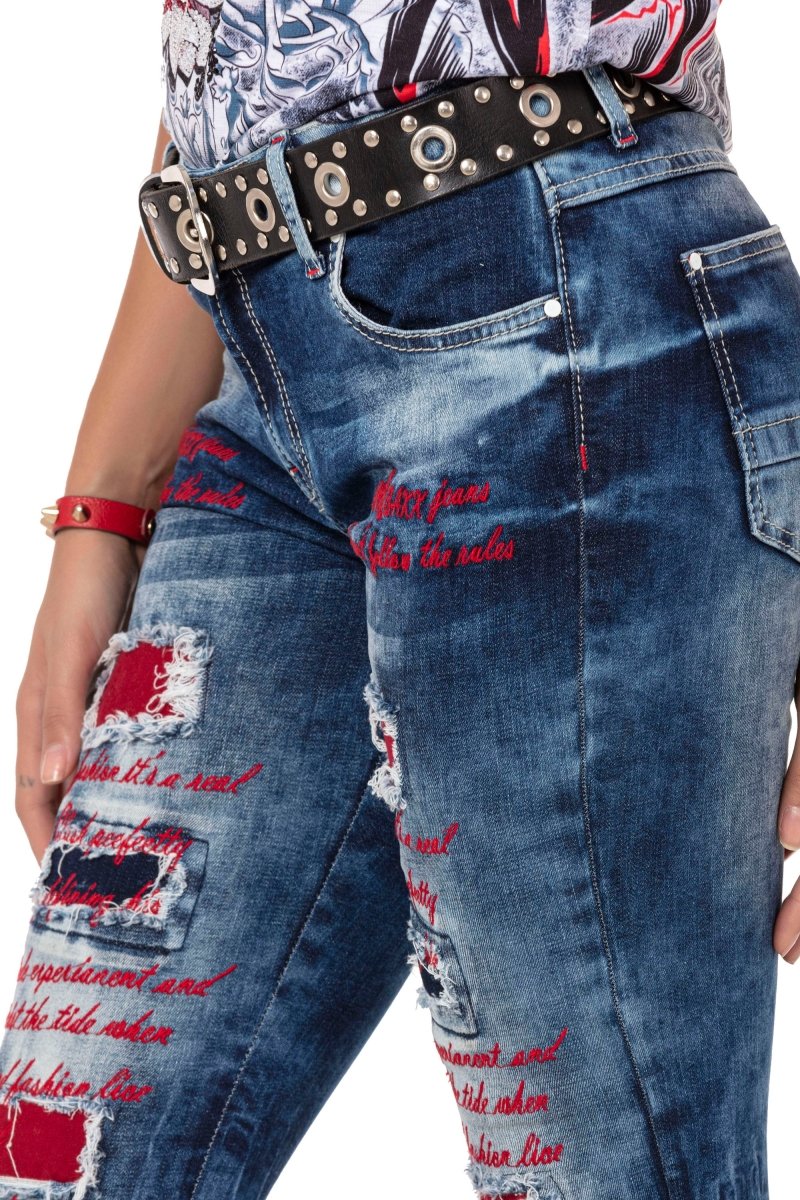 WD478 Damen Slim-Fit-Jeans mit farbig hinterlegten Cut-Outs