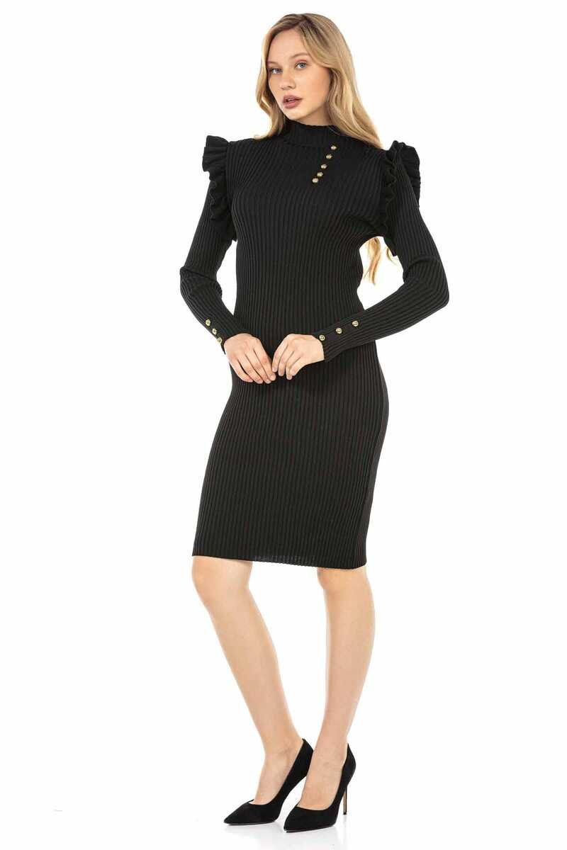 WP224 Damen Pullover Jerseykleid mit trendigen Zierknöpfen