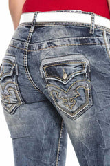 WD240 Damen bequeme Jeans mit bestickten Knopfverschluss-Taschen in Skinny-Fit