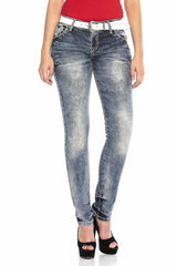 WD240 Damen bequeme Jeans mit bestickten Knopfverschluss-Taschen in Skinny-Fit