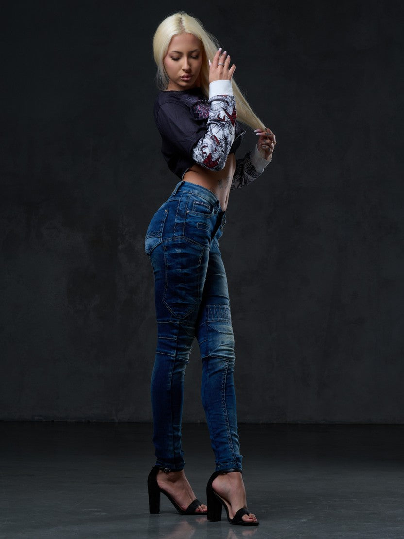 WD255 Damen bequeme Jeans im Biker-Stil in Slim Fit