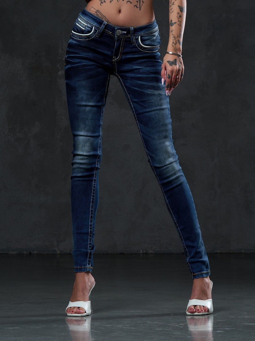 WD256 Damen Slim-Fit-Jeans mit bestickten Taschen in