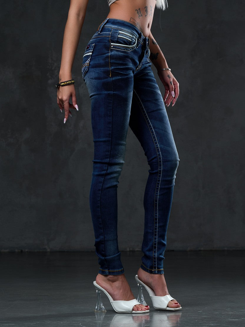 WD256 Damen Slim-Fit-Jeans mit bestickten Taschen in