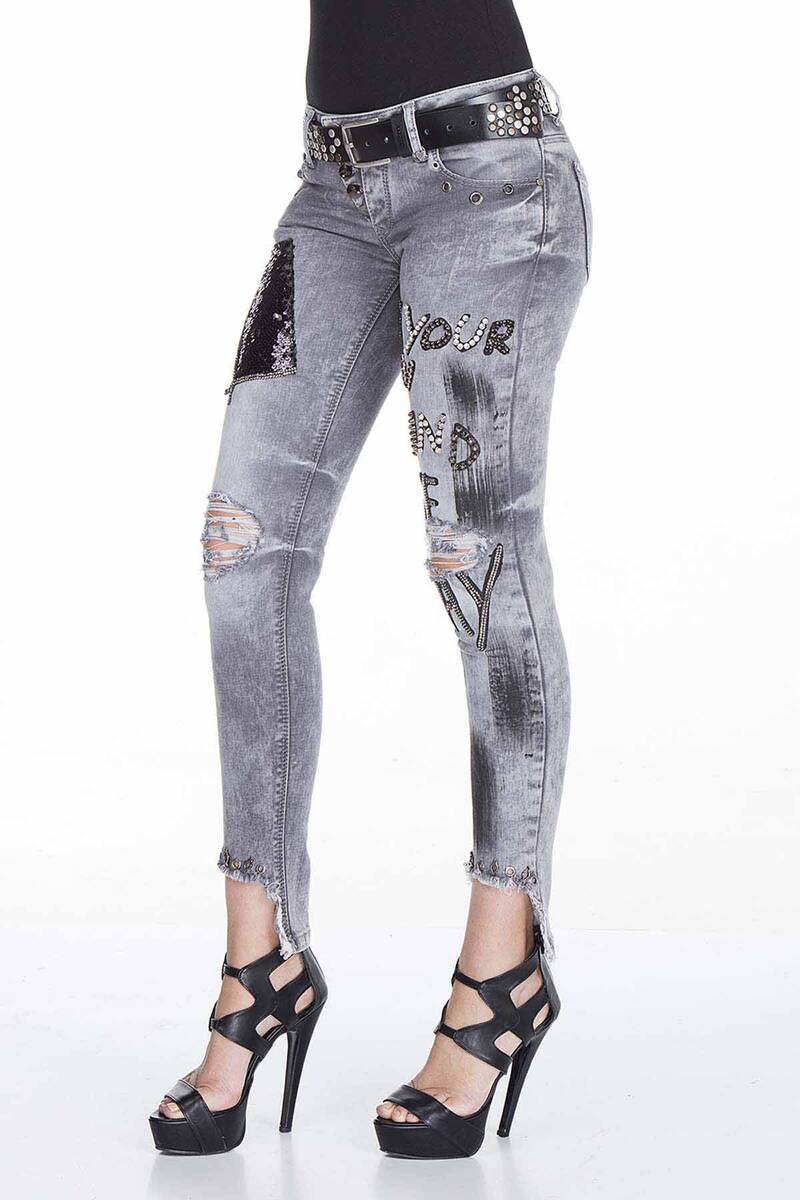 WD317 Damen bequeme Jeans mit Patches und Pailletten