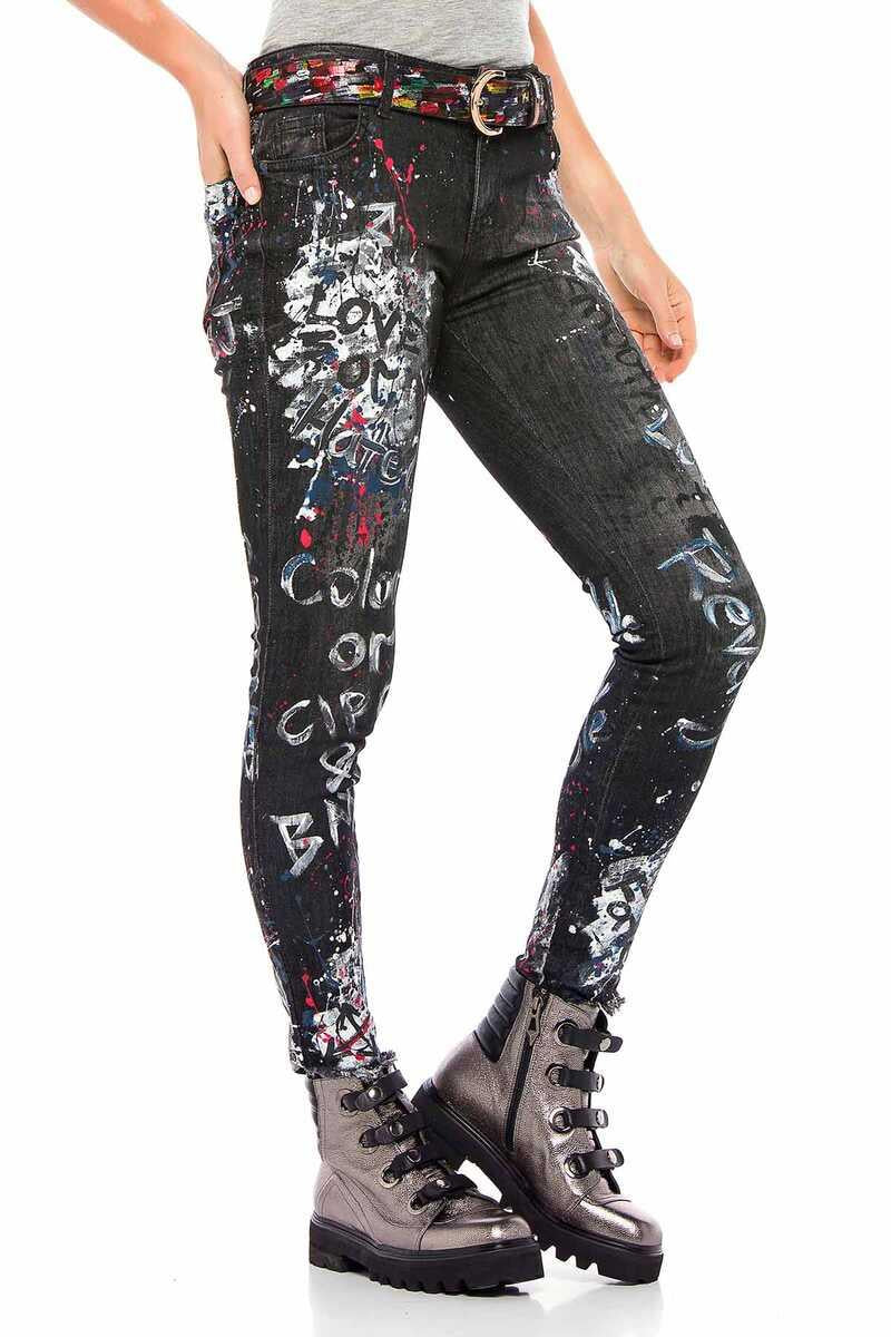 WD389 Damen Slim-fit-Jeans mit einzigartigen Paint-Elementen in Straight Fit