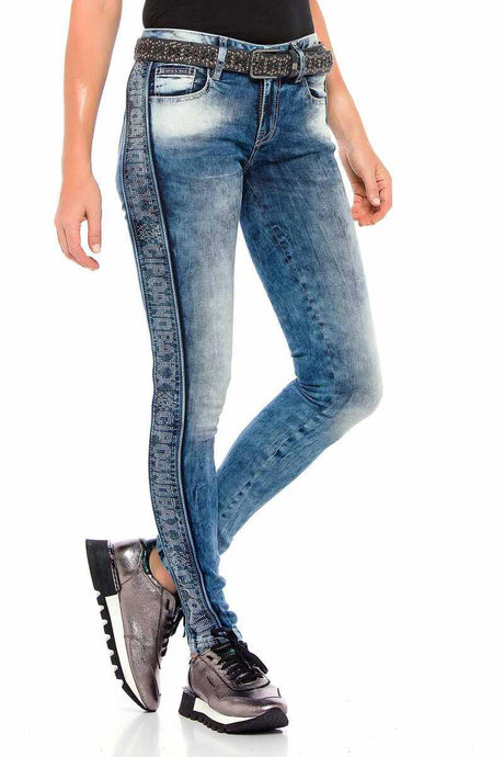 WD390 Damen Slim-Fit-Jeans mit Seitenstreifen im Glitzer Look