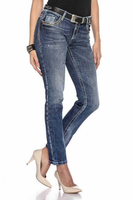 WD402 Damen bequeme Jeans mit Stickerei auf den Gesäßtaschen in Straight-Fit