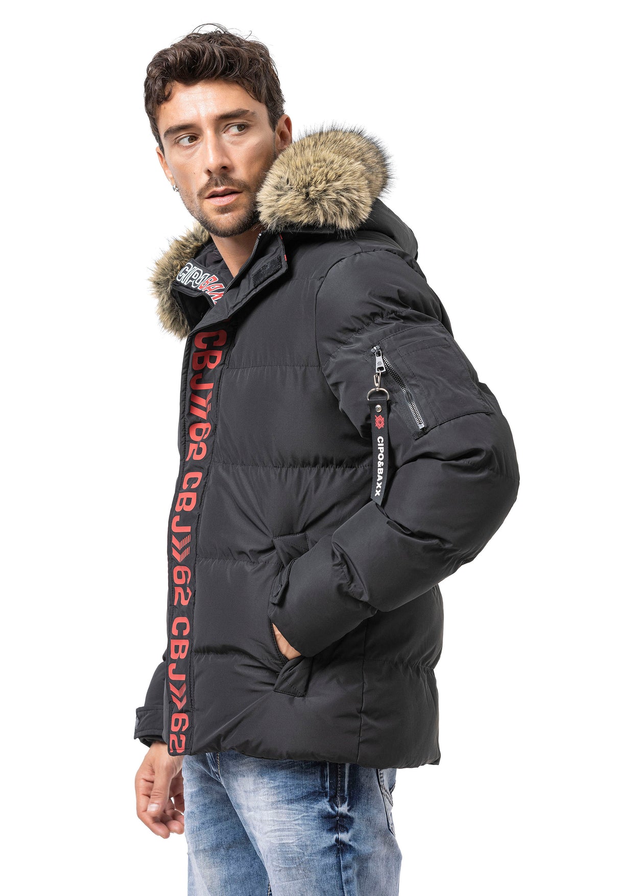 CM227 Heren winterjas – Zwart | Warm gevoerd met bontkraag & Cipo & Baxx frontdesign