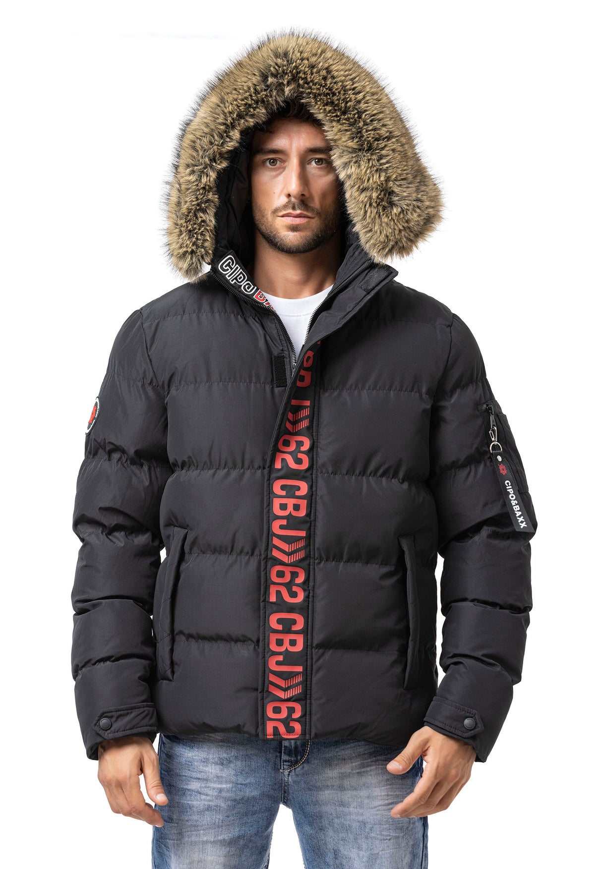 CM227 Heren winterjas – Zwart | Warm gevoerd met bontkraag & Cipo & Baxx frontdesign