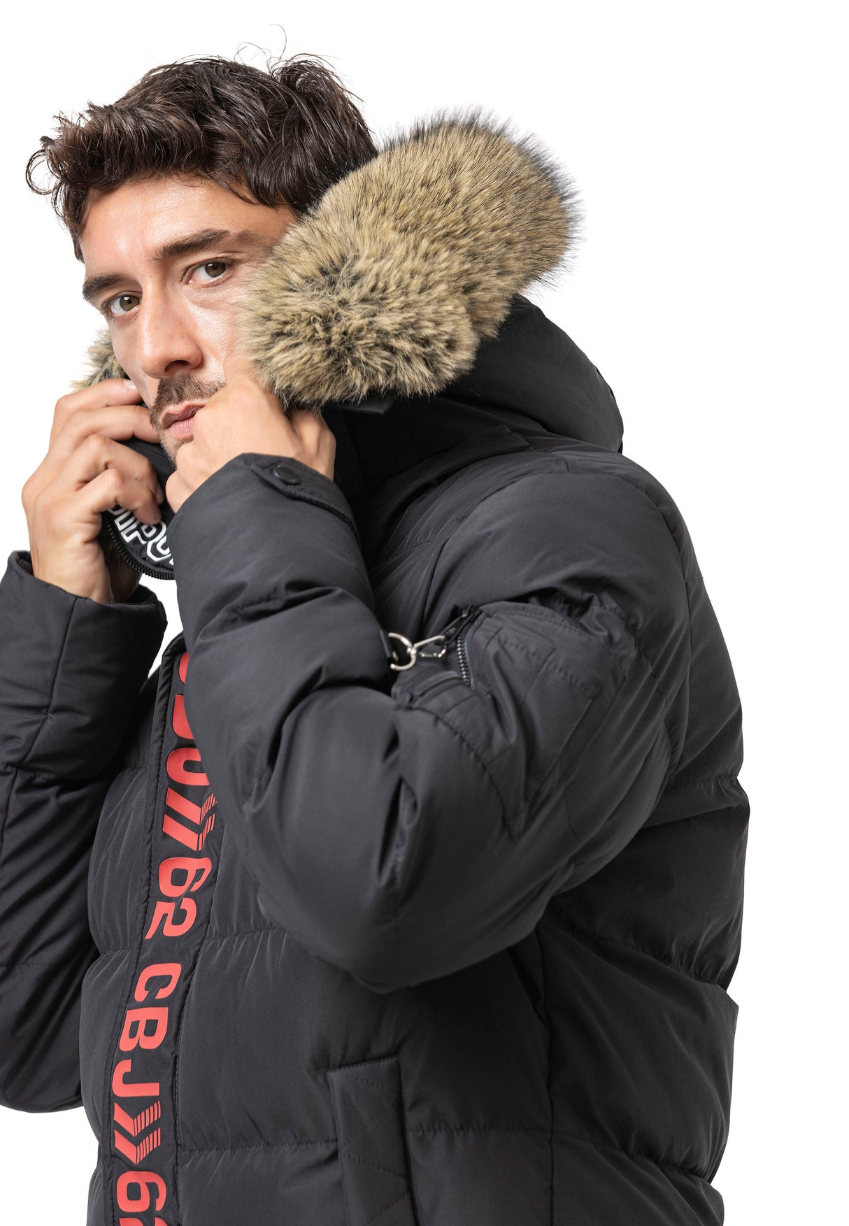 CM227 Heren winterjas – Zwart | Warm gevoerd met bontkraag & Cipo & Baxx frontdesign