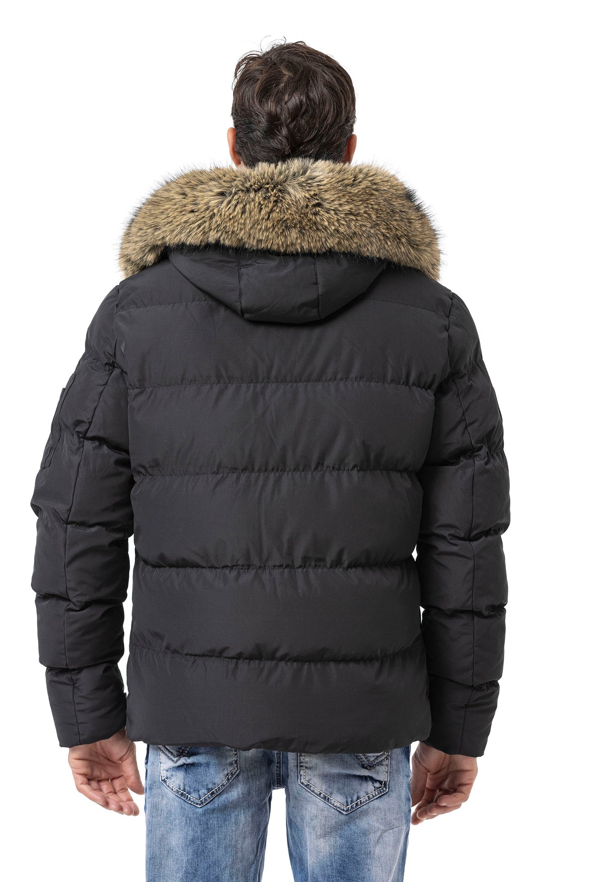 CM227 Heren winterjas – Zwart | Warm gevoerd met bontkraag & Cipo & Baxx frontdesign