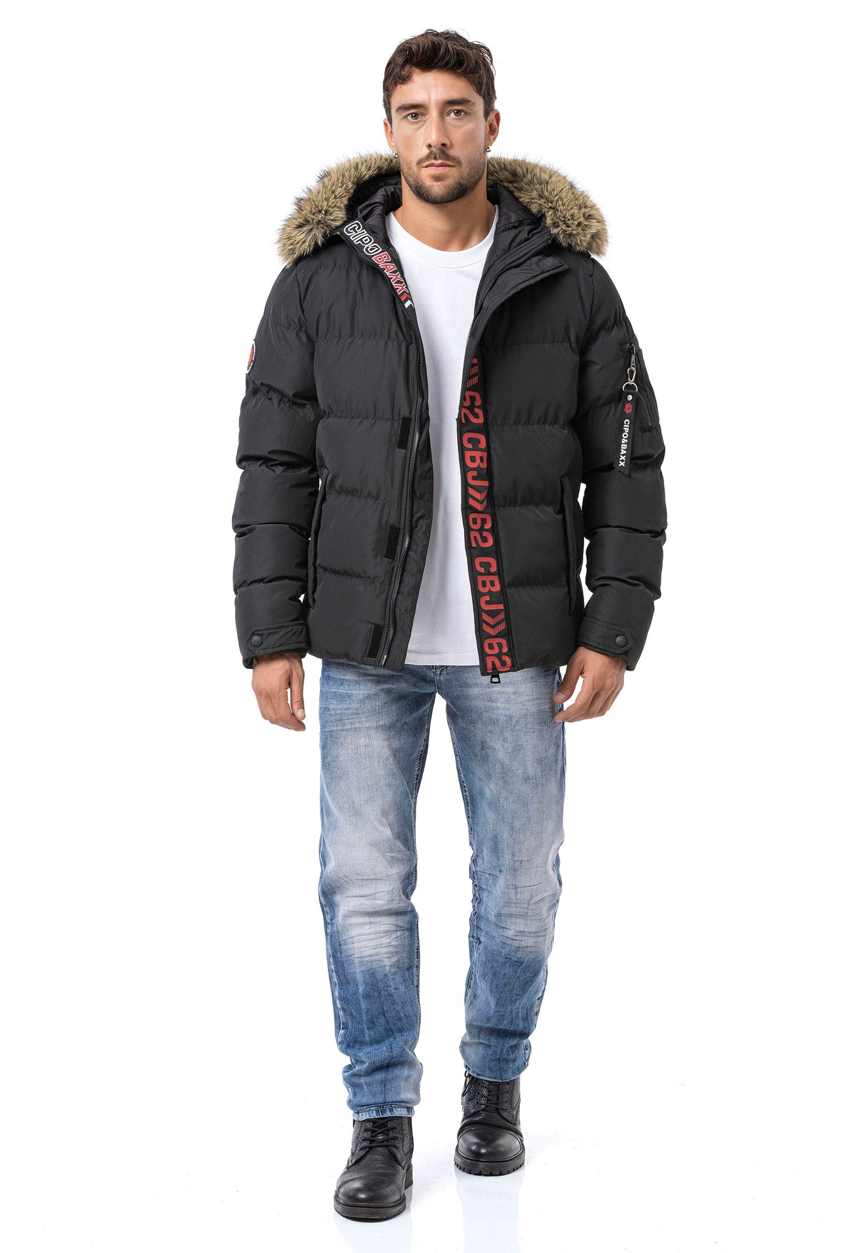 CM227 Heren winterjas – Zwart | Warm gevoerd met bontkraag & Cipo & Baxx frontdesign