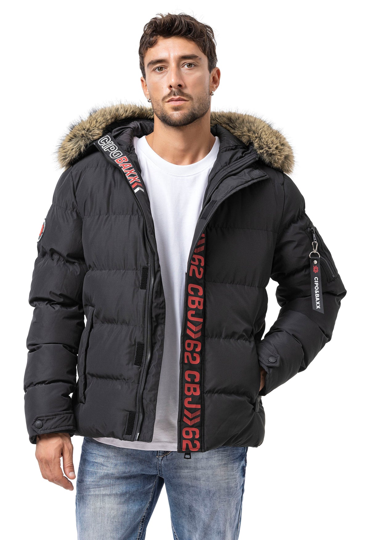 CM227 Heren winterjas – Zwart | Warm gevoerd met bontkraag & Cipo & Baxx frontdesign