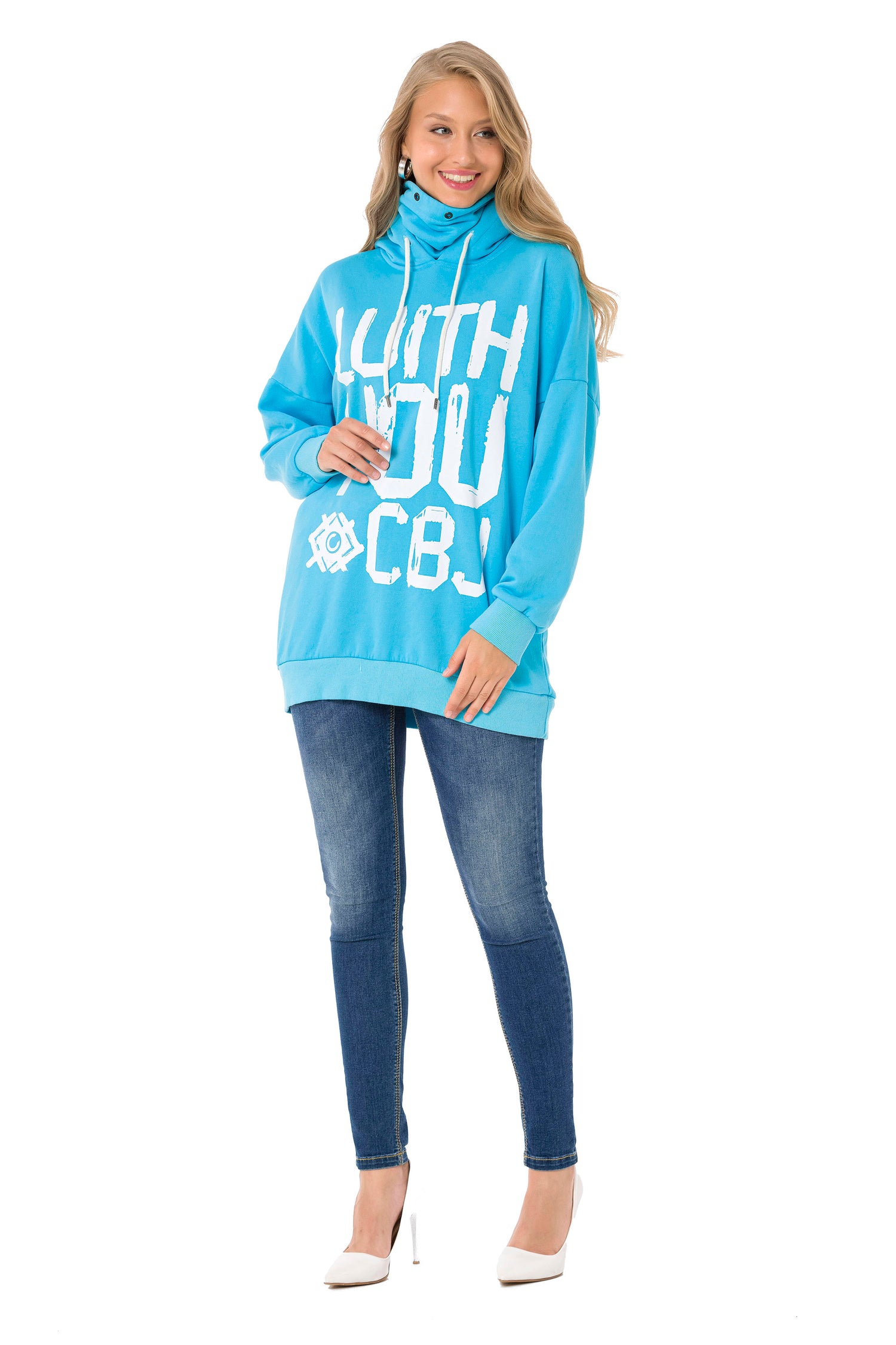 WL345 Damen Kapuzensweatshirt mit coolem Markenprint und Loop-Schal