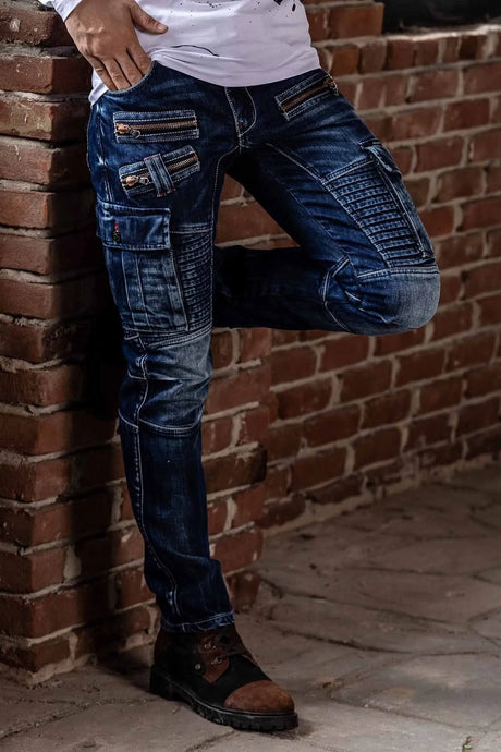 CD798 Men's jeans leisure trousers in biker style with synthetic leather elements