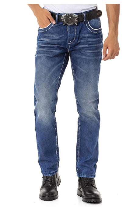 CD148 Men's Comfortable Jeans with contrast Stitching in Straight Fit
