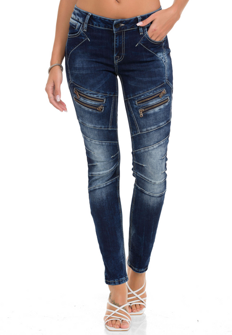 WD501 Damen Jeans Slim-fit mit Ziernähten Zippern und Markenlogo