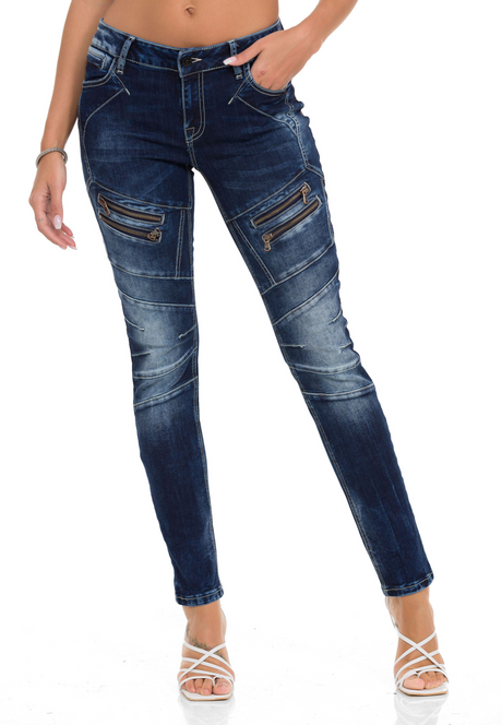 WD501 Women Jeans Slim-Fit con cerniera decorativa e logo del marchio