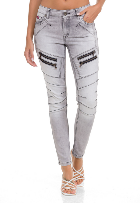 WD501 Women Jeans Slim-Fit con cremallera decorativa de costura y logotipo de marca