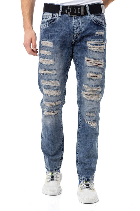 CD131 Jeans confortable pour hommes avec détails rippés en coupe droit avec la ceinturee