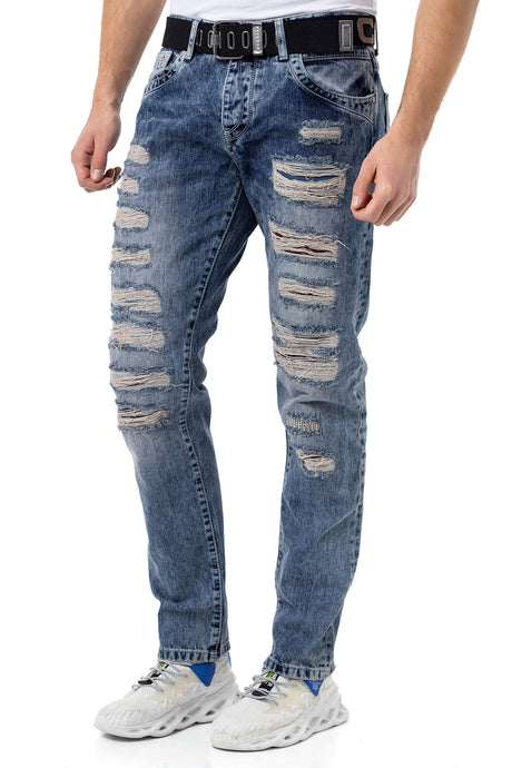 CD131 Jeans confortable pour hommes avec détails rippés en coupe droit avec la ceinturee
