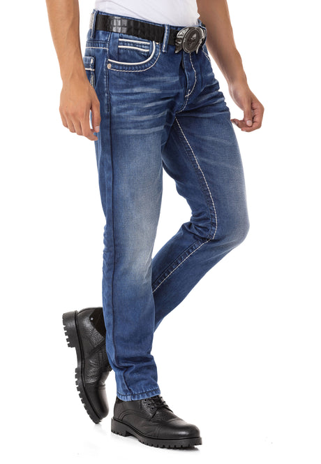 CD148 Men's Comfortable Jeans with contrast Stitching in Straight Fit