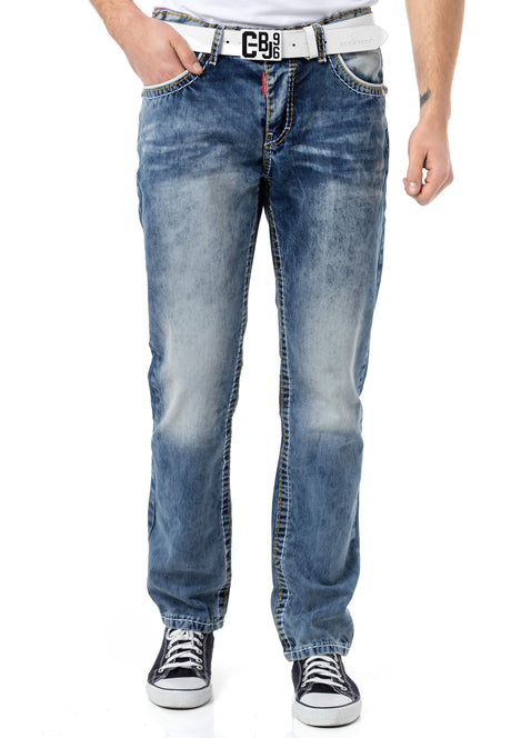 CD148 Herren bequeme Jeans mit Kontrastnähten in Straight Fit