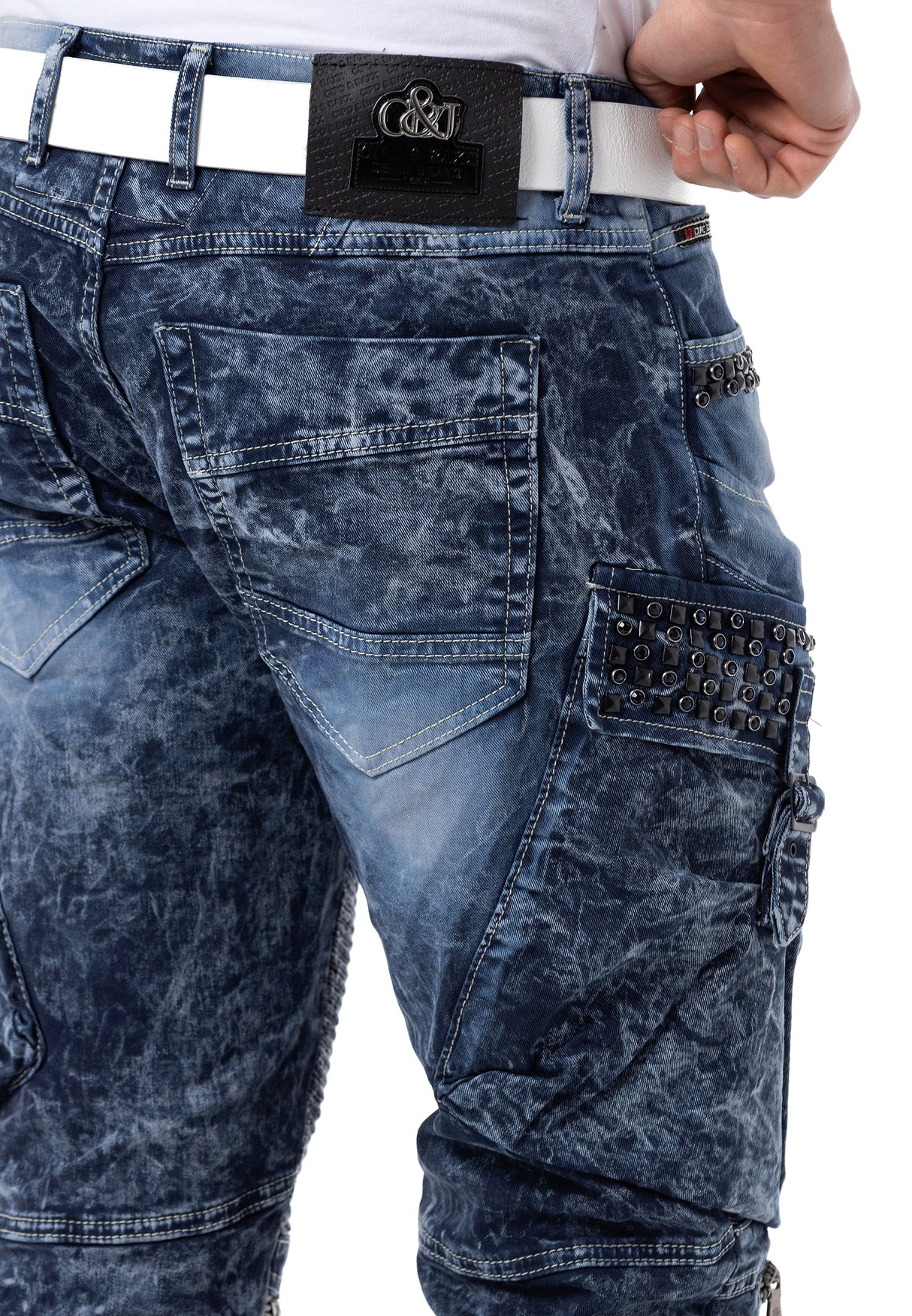 CD494 Herren bequeme Jeans mit Edelstein Taschen in Regular Fit
