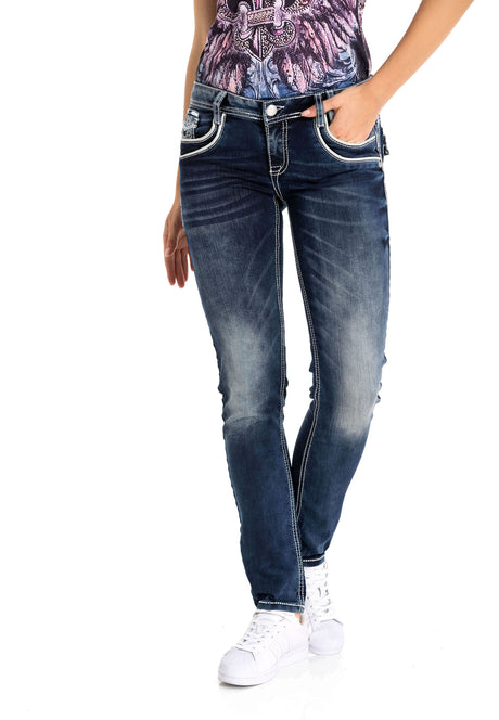 WD259 Damen Jeans Stonewashed mit Farbigen Nähten in Casual