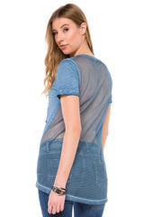WT236 T-shirt damski z siatką i przedłużonym tyłem