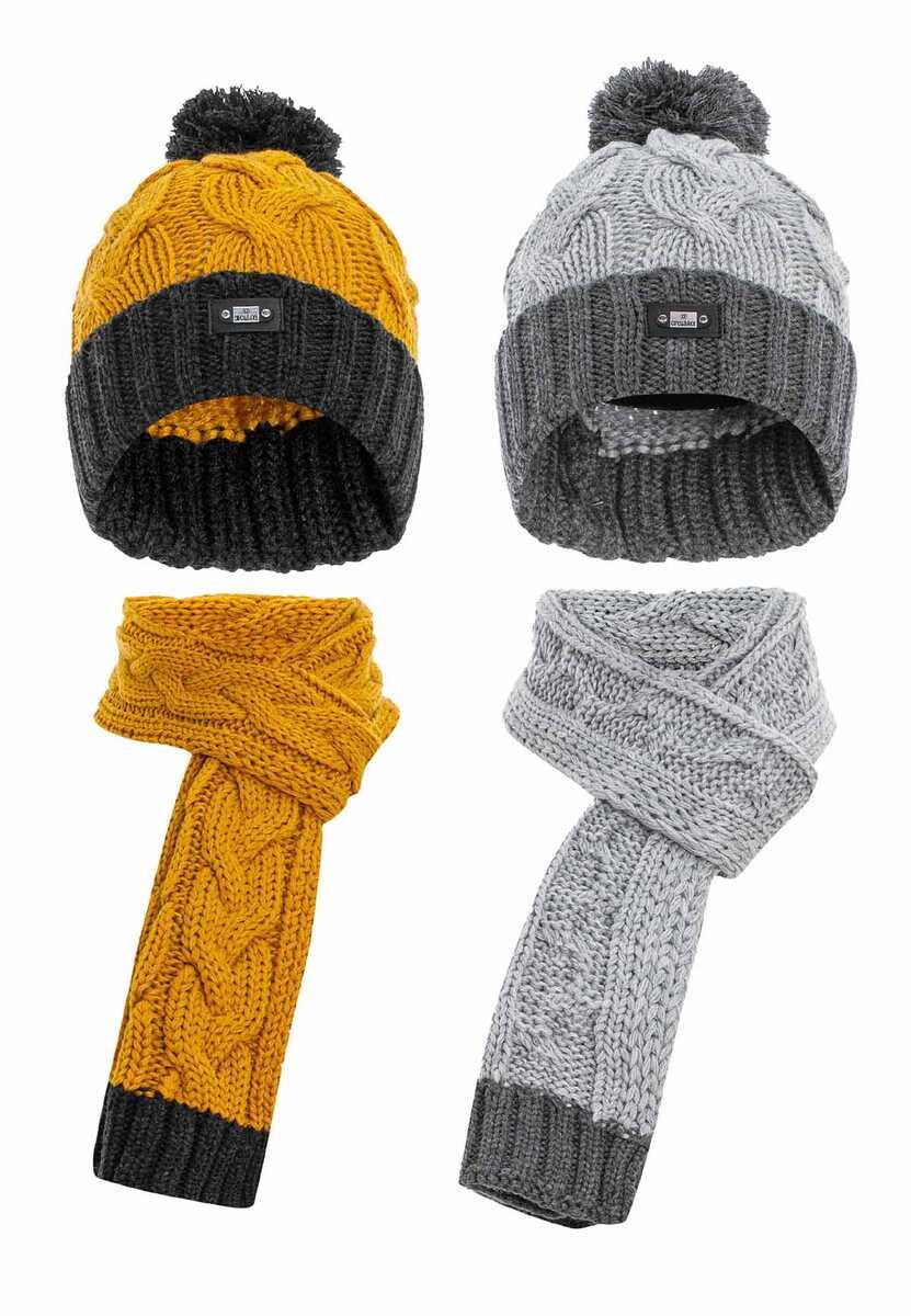 BA101 Jungen Mütze & Schal Set – Strickaccessoires in Grau-Mustard mit Bommel | Winter-Set für Kinder
